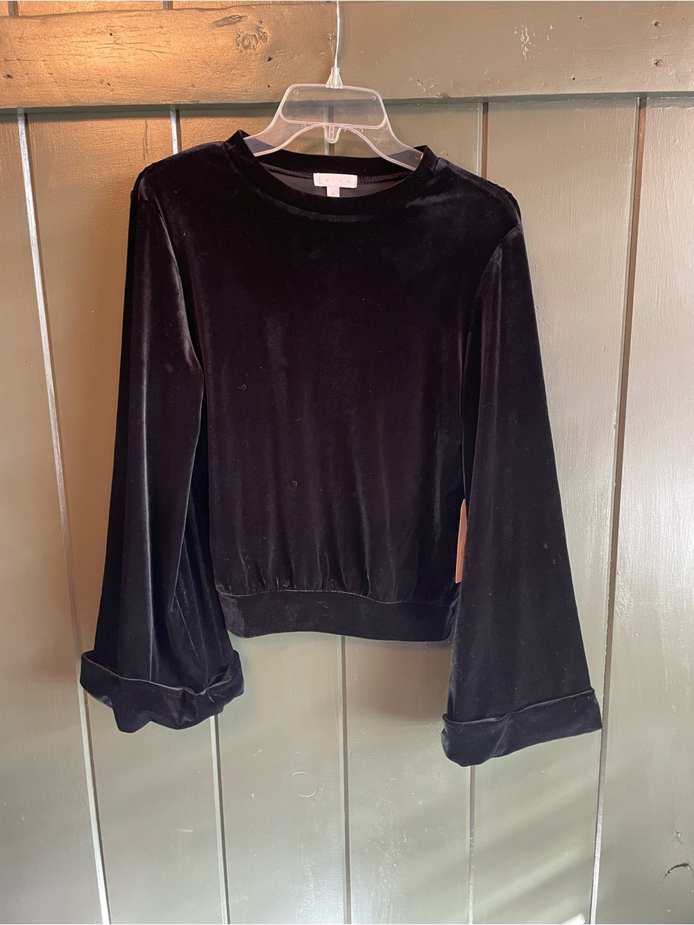 Leith black velvet bell-sleeve top